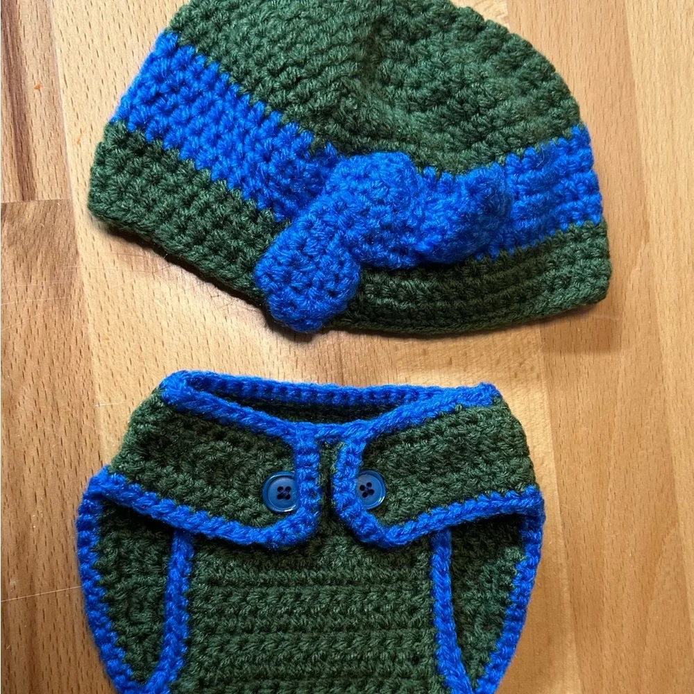 Green and Blue Kids Crochet Hat and Diaper Cover Set